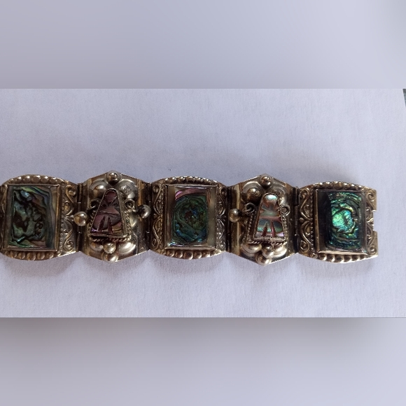 Sterling Silver Aztec Mexico Taxco Multi Link Abalone Shell Vintage Bracelet - Picture 4 of 12